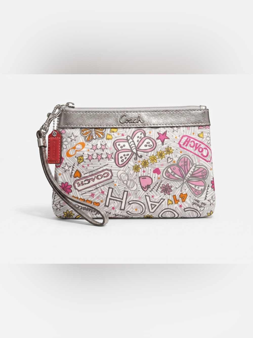 Coach Butterfly Graffiti Wristlet Pouch Y2K Silver Trim Pink Interior